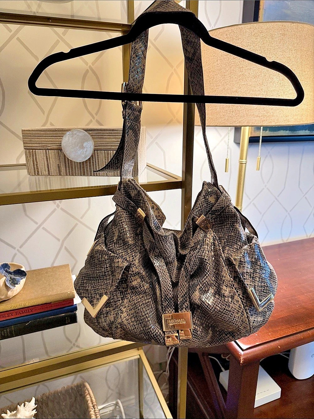 Michael Kors Snakeskin-Print Hobo in Brown & Black